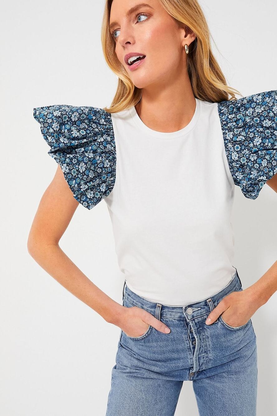 HYACINTH HOUSE Navy Floral and White Shelby Tee Size XXS NWT